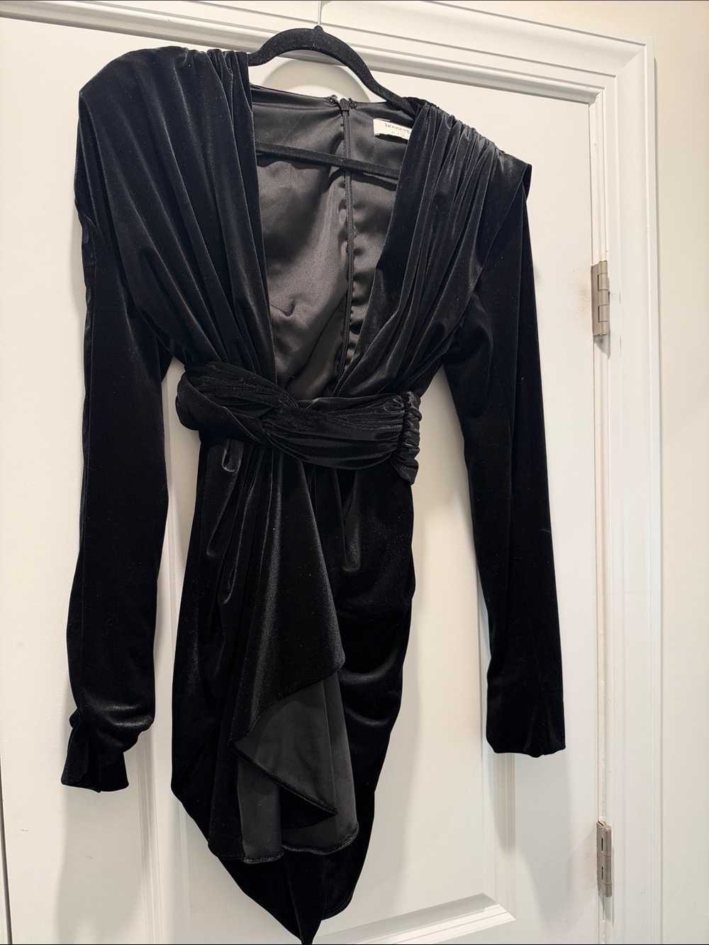 House of CB Black Velvet Long Sleeve Twist-Waist Dress